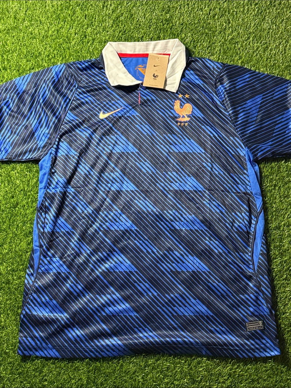 Nike Men's Blue and Black France Football Polo Shirt with Gold Accents